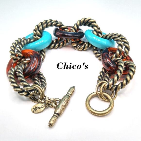 Chico’s Gold Tone Link Bracelet Faux Turquoise Tortoise Shell Toggle Clasp - Picture 1 of 6